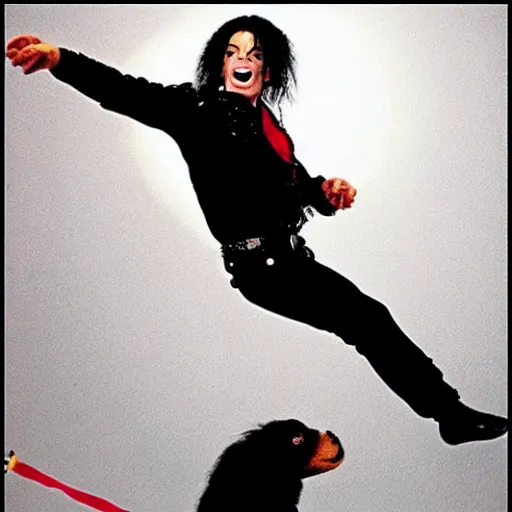 Image similar to michael jackson and bubbles the chimp flying on a magic carpet