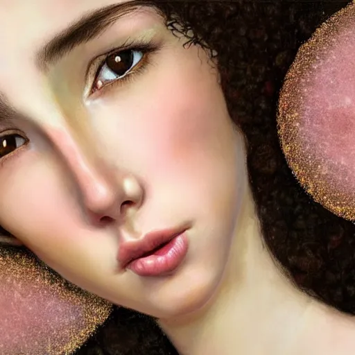 Image similar to a realistic cg rendering, a beautiful girl, long black curly hair, a slightly round face, deep and charming eyes, a touch of blush, a small and exquisite nose, delicate pale pink lips, a symmetrical face, symmetrical eyes, elegant and lovelyin the style of nikolai fechine and klimt