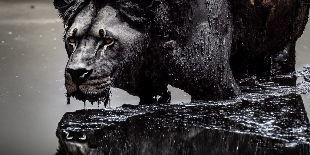 Prompt: the black lioness made of tar, dripping tar, dripping goo, sticky black goo, bathing in the pit filled with tar, dripping goo, sticky black goo. photography, dslr, reflections, black goo, rim lighting, cinematic light, tar pit saturated