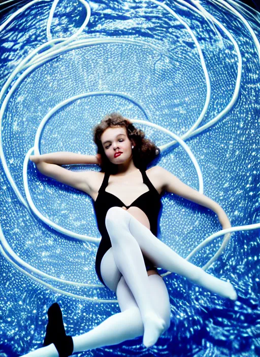 Image similar to realistic photo portrait of common girl in white tights with many cords leds and detailed wires, spherical black helmets, in a big pool filled with mercury, the sky is grey, miss april 2 0 0 0, life magazine photo,