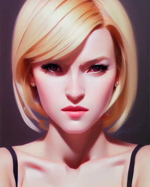 Image similar to a portrait blonde femme fatale woman, Anime. realistic shaded lighting by Ilya Kuvshinov Giuseppe Dangelico Pino and Michael Garmash and Rob Rey, 8K