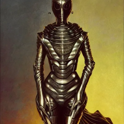 Image similar to full body portrait of beautiful gothic and futuristic fashion model, intriguing space armour, cyber armour, highly detailed, artstation, illustration, composition, 8 k quality, art by jean delville, rene magritte, hyperrealism oil painting