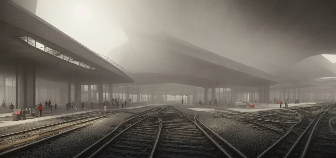 Image similar to dramatic view of brutalist train station, colored fog, haze, unreal engine, dramatic lighting, detailed, ambient occlusion, global illumination, god rays, 3 d artstation render by greg rutowski and jessica rossier