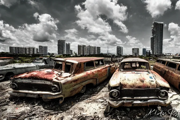 Image similar to wide angle shot of dilapidated fallout 5 miami, tropical coastal city, desolate, dilapidated, just a rusted retro futuristic vintage parked vehicles like cars, buses, trucks, trams, sunny weather, few clouds, volumetric lighting, photorealistic, daytime, spring, sharp focus, ultra detailed, technicolour 1