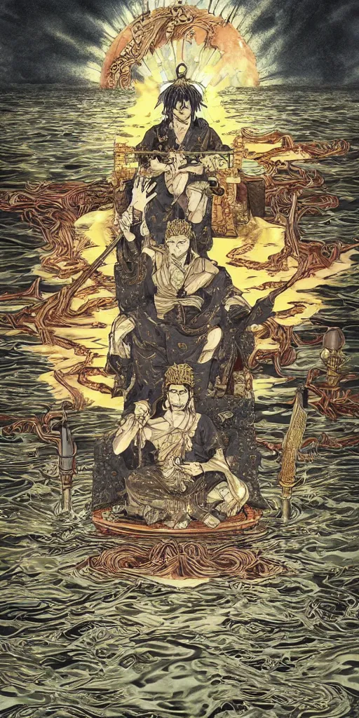 Image similar to a lone emperor sitting on a throne floating on water in the middle of a lake drawn by Makoto Yukimura in the style of Vinland saga anime, full color, detailed, psychedelic