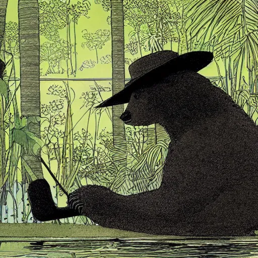 Image similar to a bear wearing a black hat, sitting in a pond in a lush jungle playing a guitar, drawing by moebius