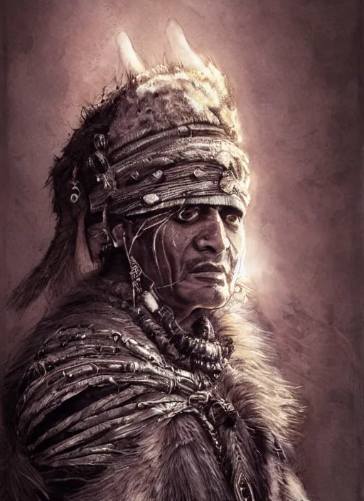 Image similar to portrait, blind Indian shaman wearing giant rabbit skin, watercolor, dramatic lighting, cinematic, establishing shot, extremely high detail, foto realistic, cinematic lighting, pen and ink, intricate line drawings, by Yoshitaka Amano, Ruan Jia, Kentaro Miura, Artgerm, post processed, concept art, artstation, matte painting, style by eddie mendoza, raphael lacoste, alex ross