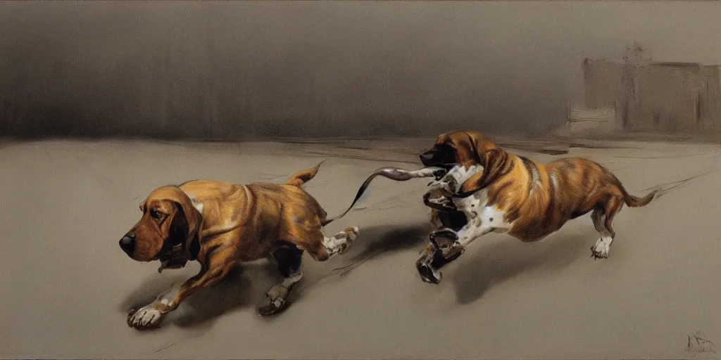 Prompt: basset hound in full speed in a empty street, mad max, kieth thomsen, zdzislaw beksinski