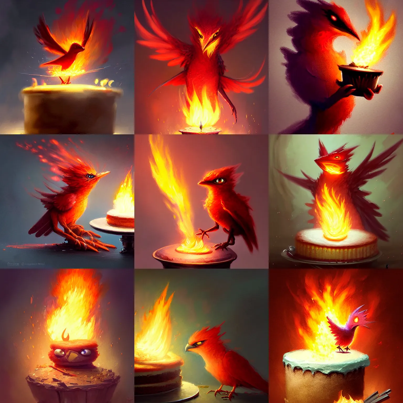 Prompt: a cute adorable small flaming humingfirebird baking a cake deviantart Greg rutkowski
