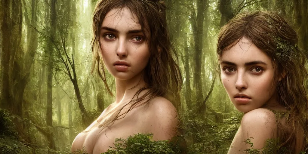 Prompt: a forest nymph in an ancient forest, ana de armas, flawless symmetrical pretty cute face, greg rutkowski, 8 k, shallow depth of field, intricate detail, concept art,