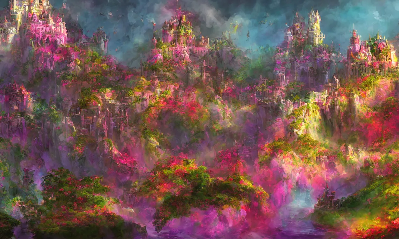 Image similar to concept art of the colorful rose castle, spectacular, magnificent, fantasy, by georgia hart and osnat fine art,