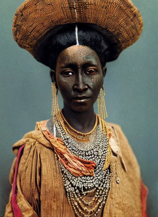 Image similar to hyperrealism, detailed textures, award winning autochrome african colonial 1 9 0 5 photo, symetrical japanese geisha, autochrome pearl portrait, pearl silverplate, intricate, detailed facial pearl scary animal mask, pearl, golden jewelery, silverplate, ultra realistic, cinematic, intricate, cinematic light by steve mccurry, unreal engine 8 k