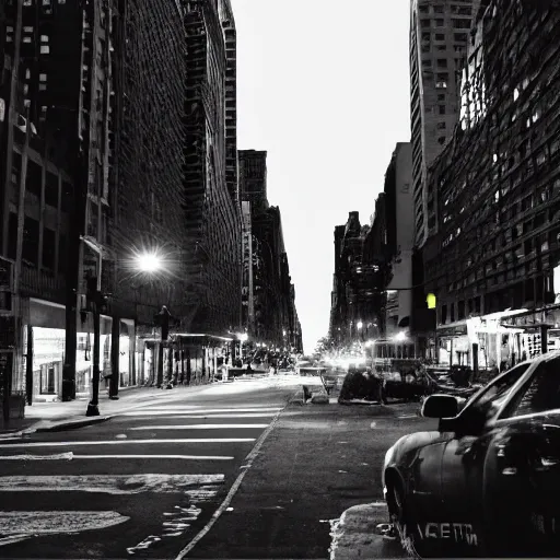 Image similar to photo of abandoned New York city street at night after the war between humans and AIs, film grain, soft vignette, Canon EOS Digital Rebel XTi, 100-300mm Canon f/5.6, Exposure time: 1/160, ISO 400