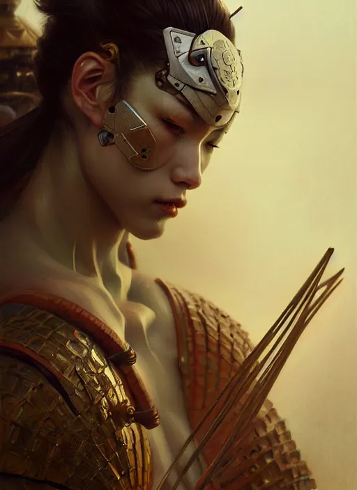 Image similar to samurai cyborg, diffuse lighting, fantasy, intricate, elegant, highly detailed, lifelike, photorealistic, digital painting, artstation, illustration, concept art, smooth, sharp focus, art by John Collier and Albert Aublet and Krenz Cushart and Artem Demura and Alphonse Mucha