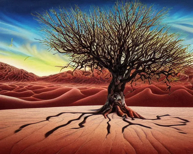 Image similar to a painting of a tree in the desert, an airbrush painting by breyten breytenbach, detailed sand pattern, cgsociety, neo - primitivism, airbrush art, dystopian art, apocalypse landscape