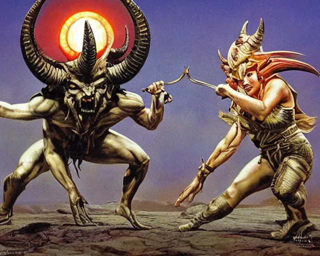 Prompt: horned - devil and female - angel fighting each other in mirrored pose, dramatic lighting, 8 k, high quality, hyper realistic, 3 5 mm photography, epic action fantasy masterpiece by michael whelan, robert t. mccall, chesley bonestell and james gurney, colorful highlights