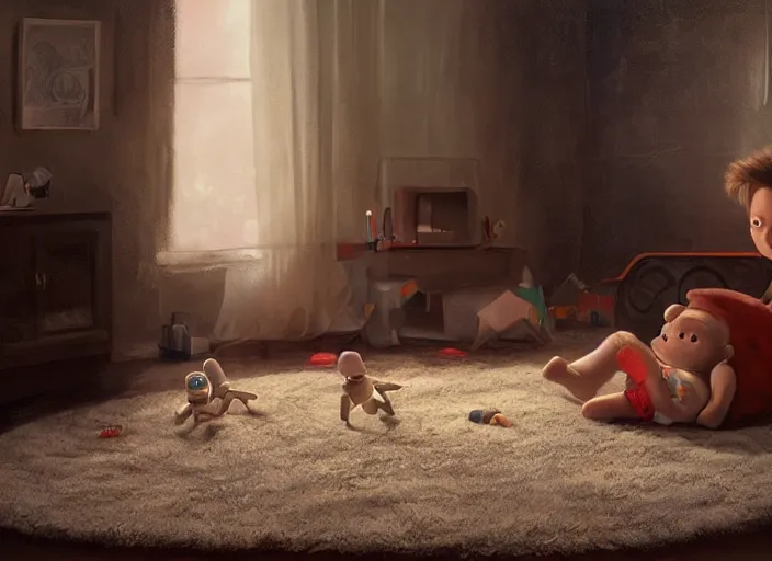 Image similar to lonely toddler elon musk sitting on a shaggy rug playing with his little rockets, bedroom, realistic painting, beautiful soft lighting, istvan sandorfi