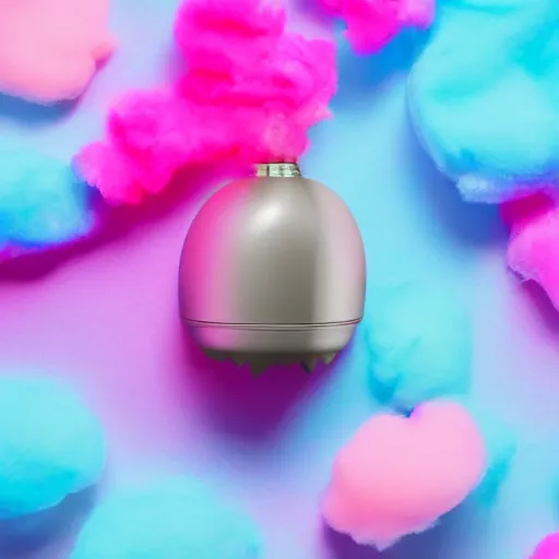 Prompt: cotton Candy shaped like a mk 2 grenade!!!, centered, product shot, bright, airy, iridescent lighting, gradient background