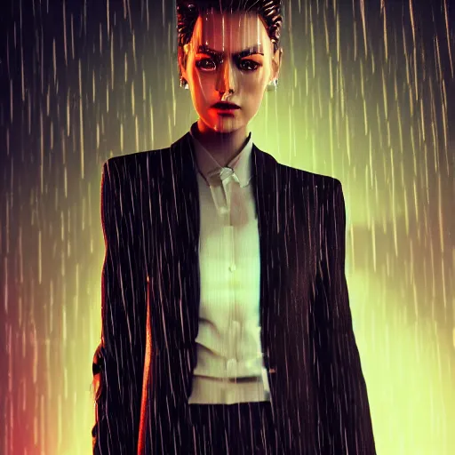 Image similar to stylish woman cartoon portrait made out of rain, pinstripe suit, cyberpunk background, rendered in octane, unreal engine, highly detailed, trending on artstation, realistic, neon, beautiful