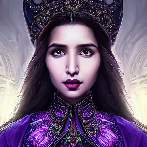 Prompt: head-on centered symmetrical painted portrait, Mahira Khan as a D&D wizard, intricate black and purple fantasy robes, fantasy, intricate, elegant, highly detailed, digital painting, smooth, sharp focus, illustration, dramatic lighting, artstation, in the style of Artgerm and Anna Podedworna and Alex Ross