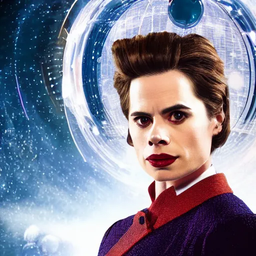 Prompt: a beautiful full body photograph of hayley atwell dressed as doctor who, time vortex in the background, detailed face, symmetrical face, extreme realism and detail, 8 k, completely framed, direct lighting, 3 5 mm photo, photorealistic, sharp focus