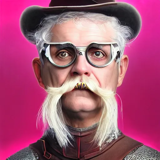 Prompt: 6 0 - year - old charles elmer rip taylor jr as a cyborg, blonde wig, handlebar moustache, portrait, western, steampunk, pink duster, fantasy, intricate, elegant, highly detailed, digital painting, artstation, concept art, sharp focus, illustration, art by artgerm and greg rutkowski and alphonse mucha