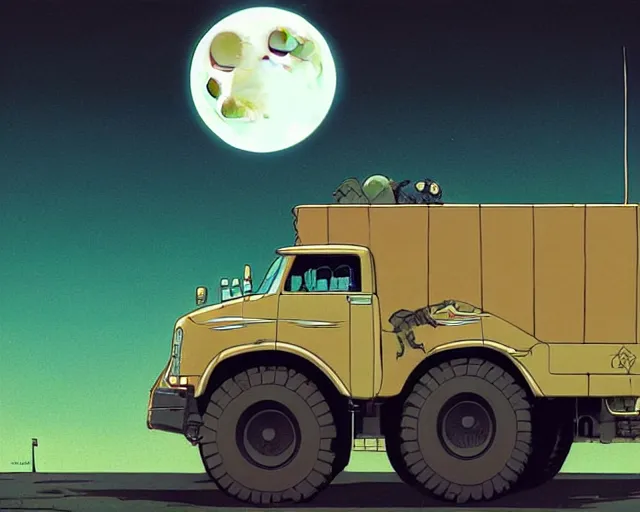 Image similar to a study of cell shaded cartoon huge truck limousine, in front of a big moon, illustration, wide shot, muted colors, post grunge, concept art by josan gonzales and wlop, david rubin, mike mignola, laurie greasley, highly detailed, sharp focus, trending on artstation, hq, deviantart, art by artgem