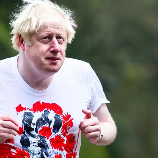 Prompt: Photo of Boris Johnson running, wearing a white t shirt and red shorts with a design of white flowers on them, sweaty