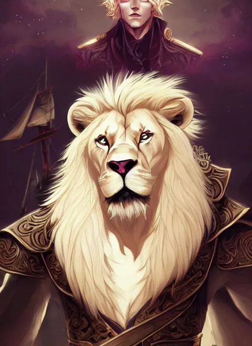 Image similar to aesthetic portrait commission of a of a male fully furry muscular anthro albino lion on a pirates ship wearing an attractive pirates suit with a tail and a beautiful attractive hyperdetailed face at golden hour. Character design by charlie bowater, ross tran, artgerm, and makoto shinkai, detailed, inked, western comic book art, 2021 award winning film poster painting