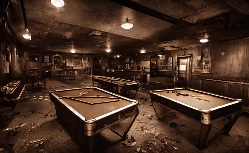 Prompt: a dark moody photography of old pool tables in a rundown 5 0 s bar in fallout new vegas by lori nix