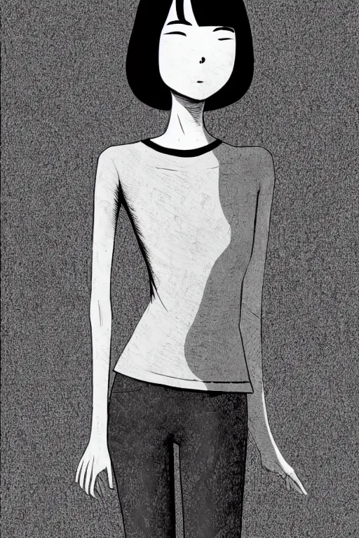 Image similar to portrait of a girl in long pants and a top, hands in pockets, eyes closed, bob haircut, digital art, black and white, illustration by junji ito