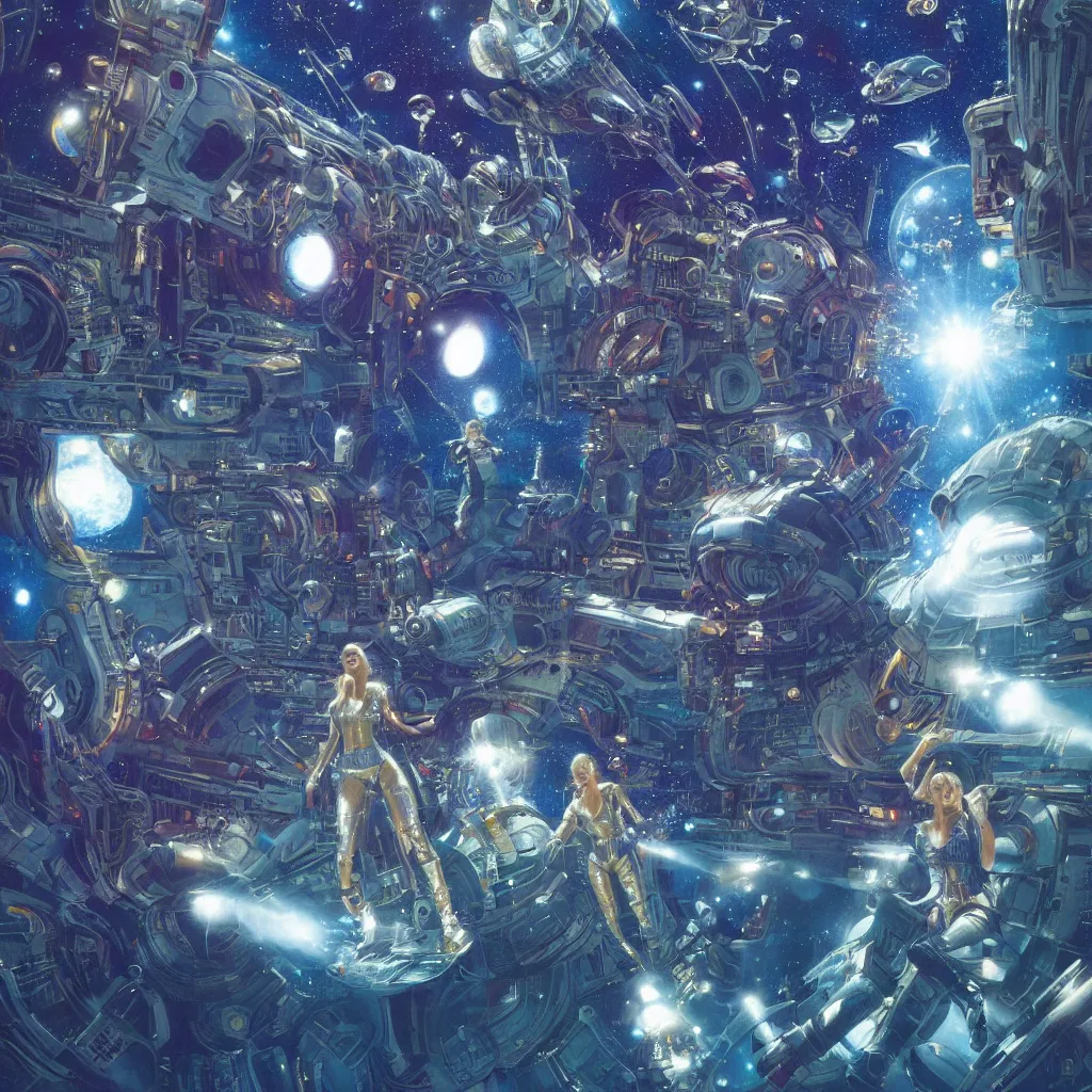 Image similar to the girl in the center looks at space, epic, volumetric light, hyperrealistic, glitter, mega detailed, beautiful composition, beautiful lighting, unreal render, 4 k, vincent di fate, john berkey, michael whelan