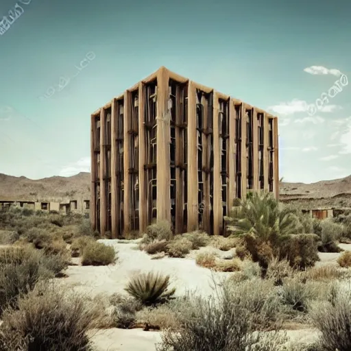 Image similar to brutalism style concept hotel in the desert, biophilia mood, pool, garden, highly detailed, cinematic, photorealistic,