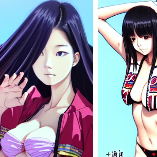 Image similar to a beautiful japanese lalisa alluring gravure model, wearing oversized designer bomber jacket and one piece bikini, bulky poofy bomber jacket with mesoamerican patterns, mesoamerican native street fashion, gapmoe yandere grimdark, trending on pixiv fanbox, painted by greg rutkowski makoto shinkai takashi takeuchi studio ghibli, akihiko yoshida