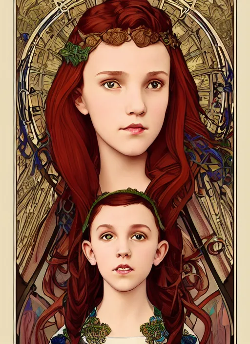 Image similar to well - lit art nouveau portrait of a 1 3 - year old girl who resembles millie bobby brown with red hair as a princess with intricate, ornate jewelry, natural lighting, path traced, highly detailed, high quality, cartoon, digital painting, by don bluth and ross tran and studio ghibli and alphonse mucha