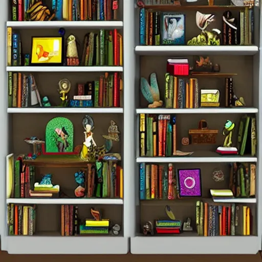 Prompt: enchanted bookshelves, in the style of colin thompson, highly detailed, playful fantasy