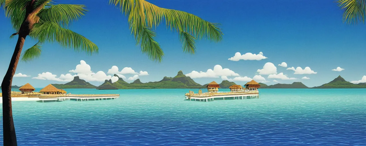 Image similar to serene bora bora landscape, disney, hiroshi nagai