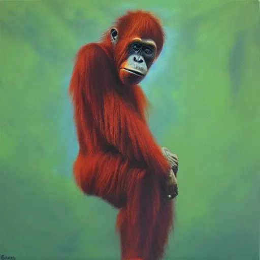 Image similar to orangutan 7 0 s progressive rock album cover, oil painting