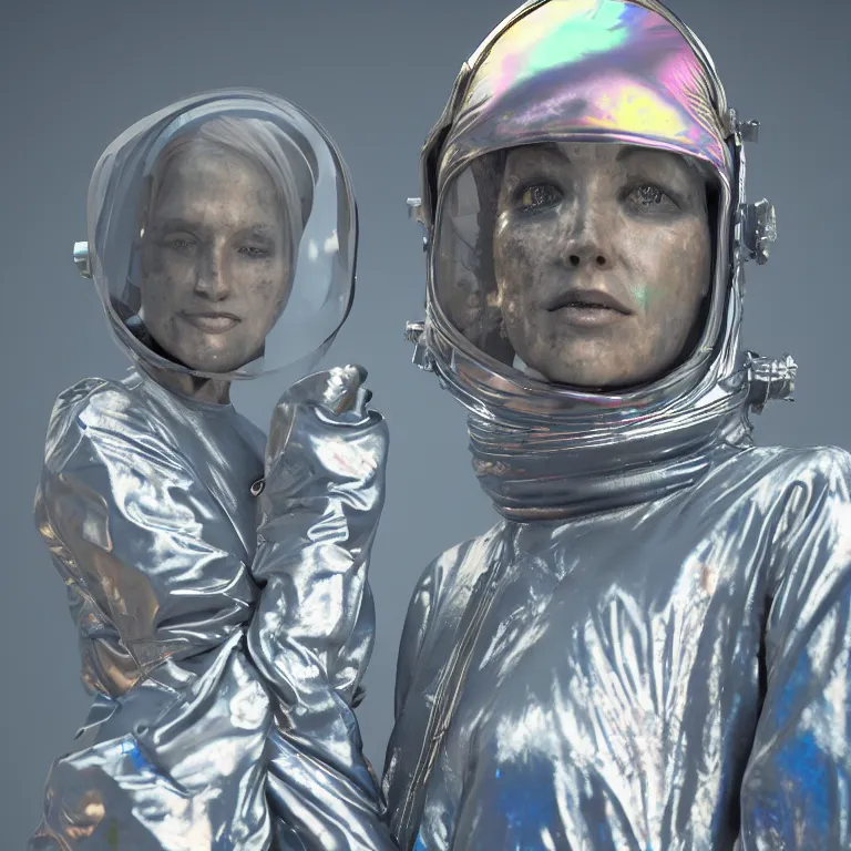 Image similar to octane render portrait by wayne barlow and carlo crivelli and glenn fabry, subject is a woman covered in tie - dye aluminum foil space suit with a iridescent metallic space helmet, inside a dark gothic rococo palace, cinema 4 d, ray traced lighting, very short depth of field, bokeh