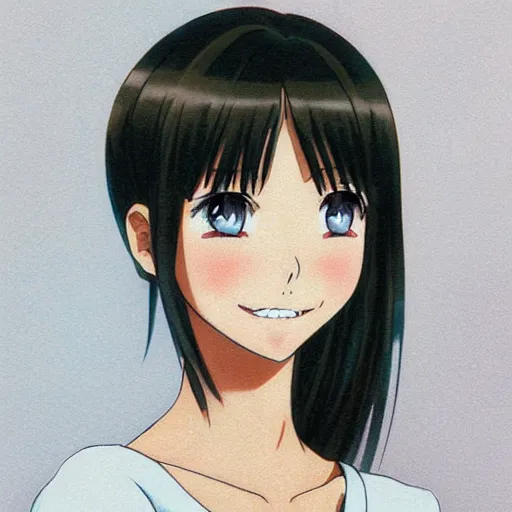 Prompt: A medium shot anime portrait of a happy brunette anime woman, a single short ponytail, parted light brown hair, bare forehead, blue-eyed, blue eyes, big bold thick eyebrows, thick jawline, highly detailed teeth, round face, big round nose, closed lips, wearing a t-shirt, solid blue background, by Stanley Artgerm Lau, WLOP, Rossdraws, James Jean, Andrei Riabovitchev, Marc Simonetti, and Sakimi chan, trending on artstation