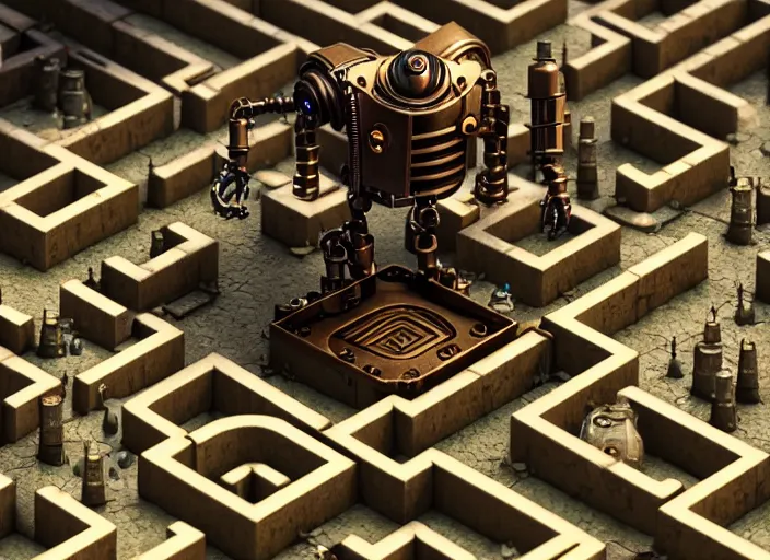 Image similar to steampunk robot in a maze by greg rutkowski and andreas rocha, tilt shift, ultra realistic, unreal engine, trending on artstation, 4 k