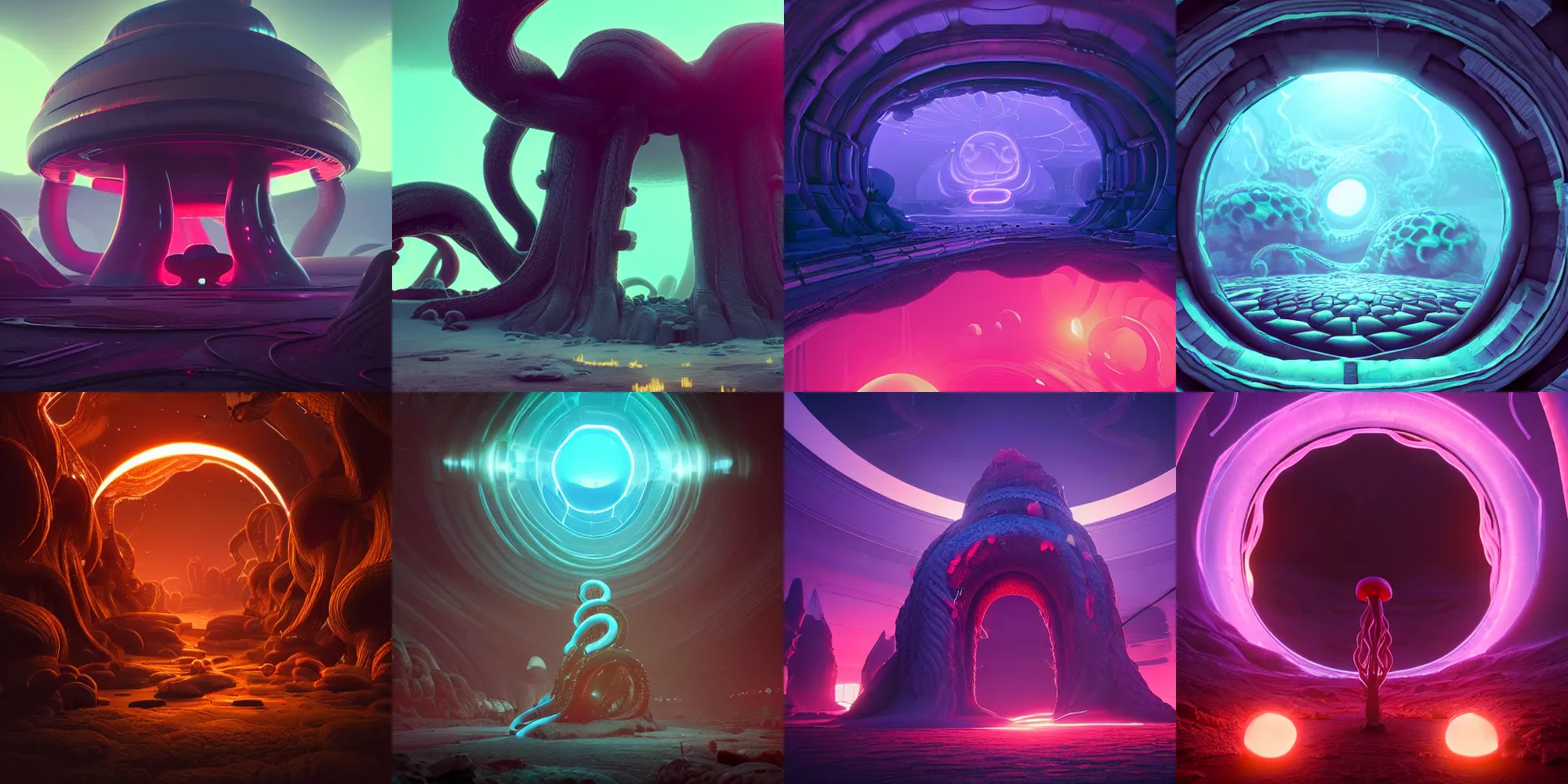 Prompt: beautiful dark landscape, giant tentacles coming out of a giant glowing portal, in the style of beeple and Mike Winkelmann, intricate, epic lighting, cinematic composition, hyper realistic, 8k resolution, unreal engine 5,