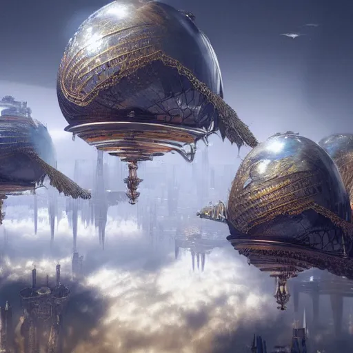 Image similar to enormous flying city in a faberge egg, sky, steampunk, fantasy art, masterpiece, hugh ferriss, octane render, peder balke