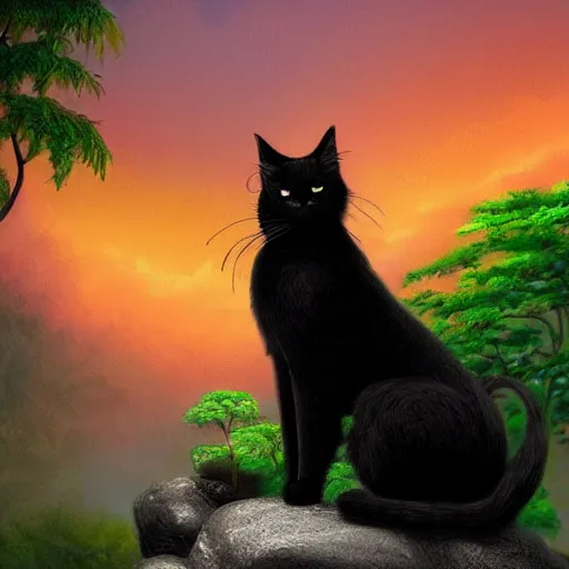 Image similar to a black cat seated on a rock in a jungle!, mist, tropical trees, vines, birds, sunset!, fluffy clouds, warm colors, beautiful lighting, digital art, intricate details, trending on artstation