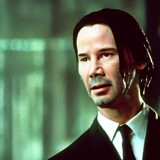 Prompt: A still image of Keanu Reeves as agent Smith in Matrix (1999)