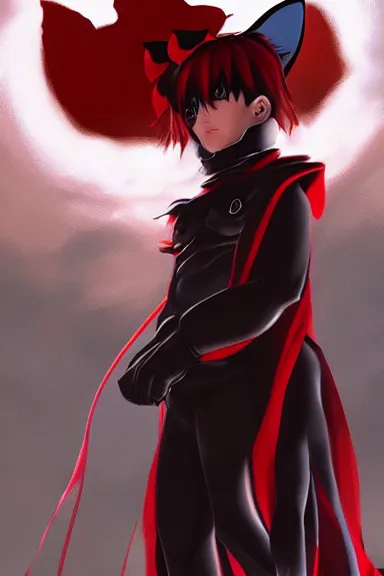 Prompt: little boy with cat ears in an black outfit with red cape. digital painting made by lois van baarle and kentaro miura and marc simonetti, sharpness focus, inspired by hirohiko araki, anatomically correct, heroic composition, hero pose, smooth