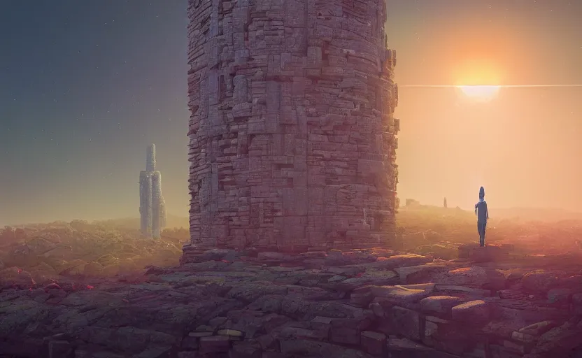 Image similar to A landscape with a giant stone brick tower with pillars on top at sunset, magical portal, cyberpunk, Low level, rendered by Beeple, Makoto Shinkai, syd meade, simon stålenhag, environment concept, synthwave style, digital art, unreal engine, WLOP, trending on artstation, 4K UHD image, octane render,