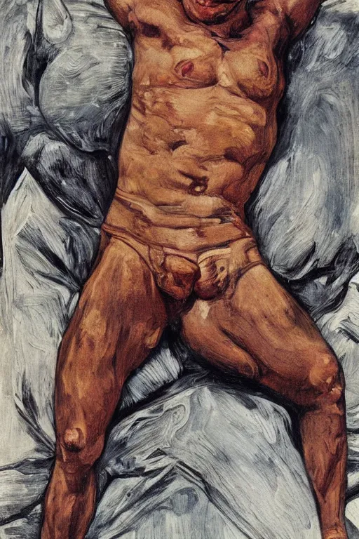 Image similar to Beast ,fully clothed, from the X-Men oil painting by Lucian Freud