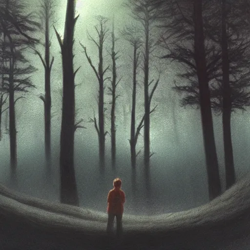 Image similar to stand by me river phoenix looking at a ufo, night time forest with a ufo in the fog, scary, matte detailed photo, DeviantArt, Artstation, by donato giancola, ralph horley, loish, ufo lighting