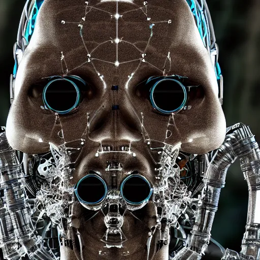 Image similar to very detailed portrait 55mm photo of a mechanical head without skin, with crystal bones and optic fiber nerves, gears in his head and cybernetic enhancements no plating. Packed with cybernetics. Has cameras for eyes. In the forest with bokeh. Ray tracing and tessellation. Very sharp high detailed 8k image